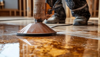 Worker polishing wooden floor in a construction site during daylight hours