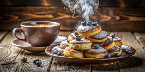 Poster - A Stack of Golden Brown Pancakes Drizzled with Powdered Sugar and Topped with Fresh Blueberries, Served with a Cup of Coffee on a Rustic Wooden Table