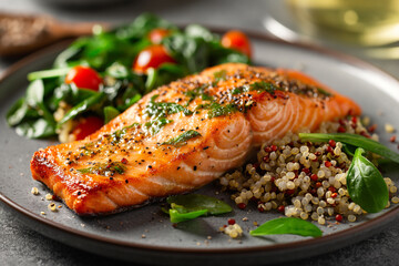 A plate of baked salmon with quinoa and spinach