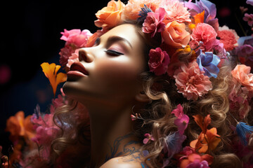 Colorful artistic portrait of a young beautiful woman closeup, hairstyle with flowers, multicolored makeup and face art