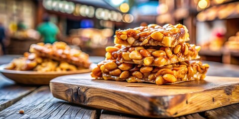 Poster - A close-up of a stack of peanut brittle on a wooden cutting board, showcasing the caramelized sugar and roasted peanuts