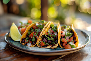 A plate of black bean tacos with fresh salsa