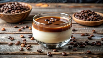 Poster - A glass of creamy coffee dessert with a layer of chocolate sauce and coffee beans on top, on a rustic wooden table surrounded by scattered coffee beans.