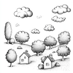 Poster - Hand-drawn pencil sketch showcasing playful doodles of clouds, trees, and houses in a tranquil rural setting, brimming with creativity. Generative AI