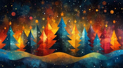 Poster - Abstract geometric triangles create a vibrant, seamless pattern in a colorful nighttime landscape