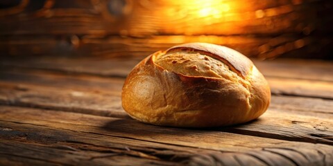 Poster - A freshly baked round loaf of bread sits on a rustic wooden surface, bathed in warm, golden light.