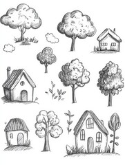 Poster - Hand-drawn sketches showcase playful doodles of trees, houses, and clouds in a delightful and quick artistic style. Generative AI