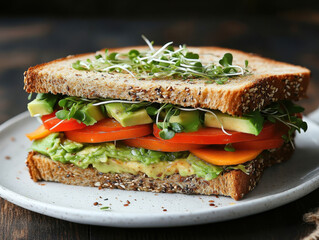 delicious vegan sandwich on whole grain bread, filled with fresh avocado, vibrant tomatoes, and crunchy sprouts, showcasing healthy and colorful meal