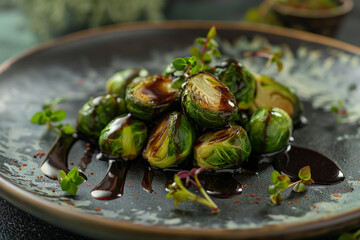 A plate of roasted Brussels sprouts with balsamic glaze