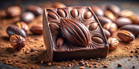Poster - A decadent dark chocolate bar with an intricate design, adorned with roasted cacao beans, resting on a bed of rich cocoa powder.