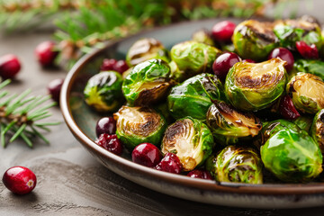 A plate of roasted Brussels sprouts with cranberries