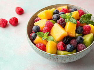 vibrant bowl of fresh fruit salad featuring mix of juicy melons, blueberries, and assorted berries, garnished with mint leaves, perfect for refreshing snack