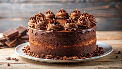 Poster - A decadent chocolate cake adorned with swirls of rich chocolate frosting, resting on a white plate surrounded by chocolate shavings and coffee beans.