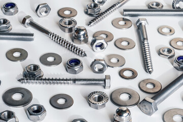 Stainless steel hardware, composition on white background