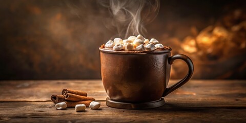 Poster - A steaming cup of hot chocolate topped with marshmallows and cinnamon sticks on a rustic wooden table