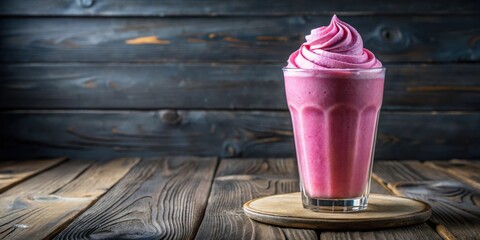 Poster - A frosty glass of pink smoothie topped with whipped cream sits on a wooden coaster, ready to quench your thirst on a hot day.