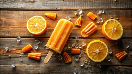 Aufkleber - A refreshing orange popsicle with juicy fruit slices and ice on a rustic wooden surface