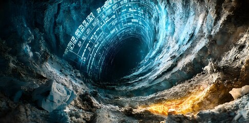 Poster - A deep, swirling tunnel with glowing data patterns and rocky textures.