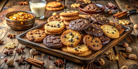Poster - A rustic wooden tray filled with an assortment of freshly baked chocolate chip cookies, arranged in a delectable display for a delightful treat.