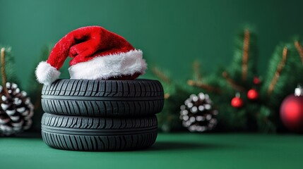 Two tires topped with Santa hat amidst holiday decor