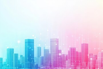 Fototapete - Smart city panorama with dots and gradient lines weaving between buildings, highlighting urban connectivity, front view, cybernetic tone, Monochromatic Color Scheme