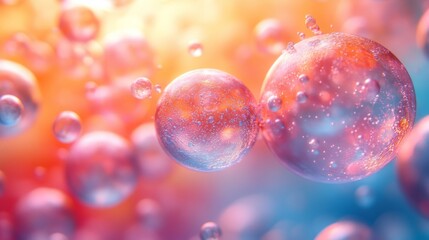 Aufkleber - Bubbles of varying sizes float through a rich and colorful background, illuminated by warm light and blending with soft pastel shades. The atmosphere evokes a sense of tranquility.