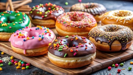 Aufkleber - A colorful assortment of glazed donuts with sprinkles on a wooden board, a tempting treat for any sweet tooth.