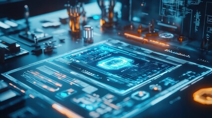Poster - Product designers creating a holographic interface for a new AI gadget, futuristic workbench filled with glowing tools, SciFi, Digital 3D Render