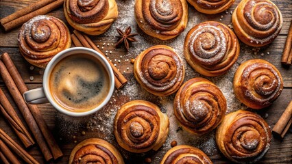 Aufkleber - A Close-Up View of a Cup of Coffee with Sweet Cinnamon Rolls, Sprinkled with Powdered Sugar, and Cinnamon Sticks on a Wooden Background