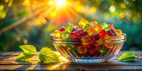 Poster - A bowl of colorful candy sits on a wooden surface with green leaves in the foreground and a blurred green background with bright sunlight shining through the leaves.