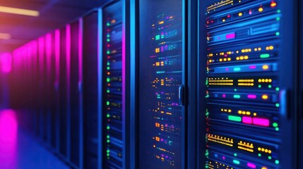 Poster - Massive server farm with power distribution units, front view  Showcasing energy management in data centers Digital tone, Vivid