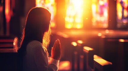 Christian woman praying in a church worshiping faith and spirituality connection for holy and spiritual mindfulness