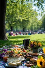 Un grupo de amigos de diferentes etnias se sienta en una manta de picnic en el parque, rodeado de comida, risas y juegos. El sol brilla entre los árboles verdes y flores, capturando un momento de buce