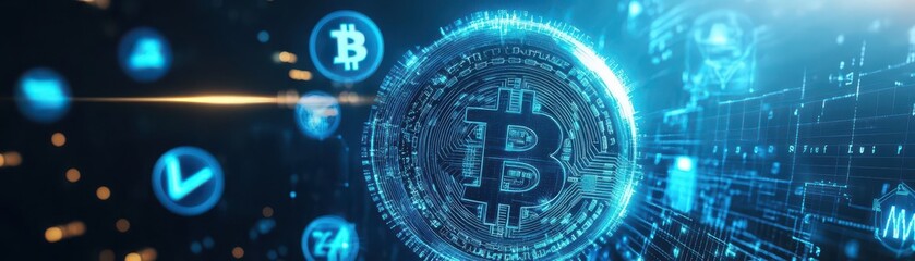 Aufkleber - Globe, orbiting cryptocurrency symbols, digital financial system, futuristic glow
