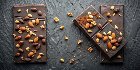 Aufkleber - Dark Chocolate Bars with Almonds and Hazelnuts on a Black Slate Surface
