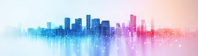 Poster - Futuristic skyline with gradient lines and dots in midair, symbolizing smart grid technologies, side view, scifi tone, vivid color scheme