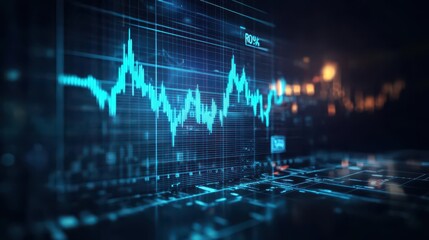 Futuristic hologram of a stock market ROI chart, glowing neon blue lines, set against a sleek dark background, hightech digital interface, 3D rendering