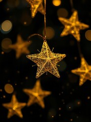 Golden stars on dark background with sparkling lights close up magic christmas backdrop glitter dust particle Ultra realistic 