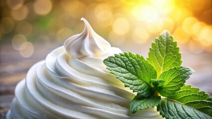 Poster - A closeup of whipped cream garnished with fresh mint leaves, illuminated by a warm, sunlit background.