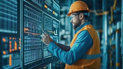 Poster - Engineer configuring a renewable energy system dashboard, side view  Controlling the balance of energy resources Digital tone, Complementary Color Scheme