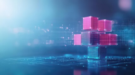 Poster - Cubic geometric shapes stacked in layers with a holographic digital effect, front view Represents the building blocks of AI systems Advanced tone Splitcomplementary color scheme