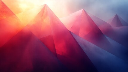 Poster - Vibrant pyramids rise majestically from a foggy landscape as the sun casts warm hues, creating an enchanting atmosphere of mystery and beauty.