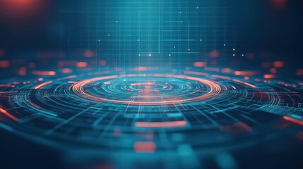 Fototapete - Circular and square shapes intersecting in an organized, abstract tech grid, front view Represents data synchronization Futuristic tone Triadic Color Scheme