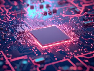 Aufkleber - Circuit board with glowing lines flat design top view quantum computing theme 3D render Triadic Color Scheme