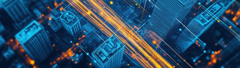 Fototapete - City roads and skyscrapers linked by gradient lines and dots, symbolizing realtime data and smart traffic, top view, advanced tone, Triadic Color Scheme