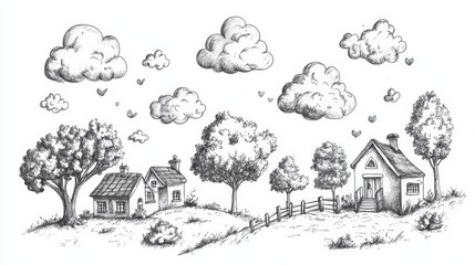 Poster - A collection of quick sketches features charming houses, fluffy clouds, and simple trees, conveying a lighthearted and serene atmosphere. Generative AI
