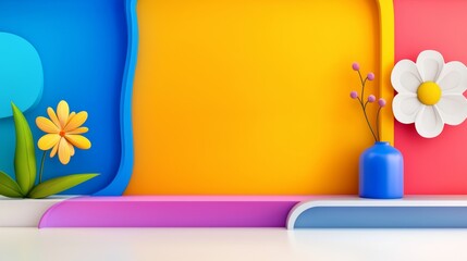 Poster - Colorful wall with a vase of flowers in the foreground. The wall is painted in bright colors and has a flower design. The vase is blue and has a yellow flower in it. Scene is cheerful and bright