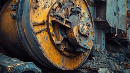 Close-up vertical panorama of industrial equipment used for crushing and grinding stone ore, essential for the mining and construction industries.