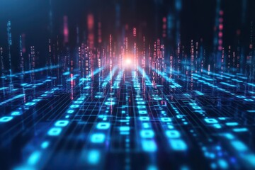 Poster - Binary sequence, neon blue grid, tech matrix, abstract data flow