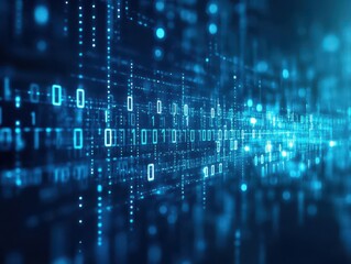 Fototapete - Binary digits, neon blue stream, abstract digital background